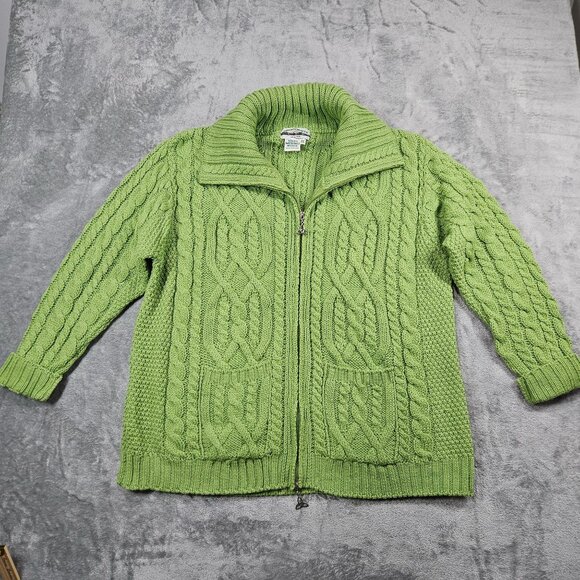 Aran Crafts Cardigan Womens XXL Green Merino Wool Cable Knit Full Zip Ireland - Picture 1 of 8